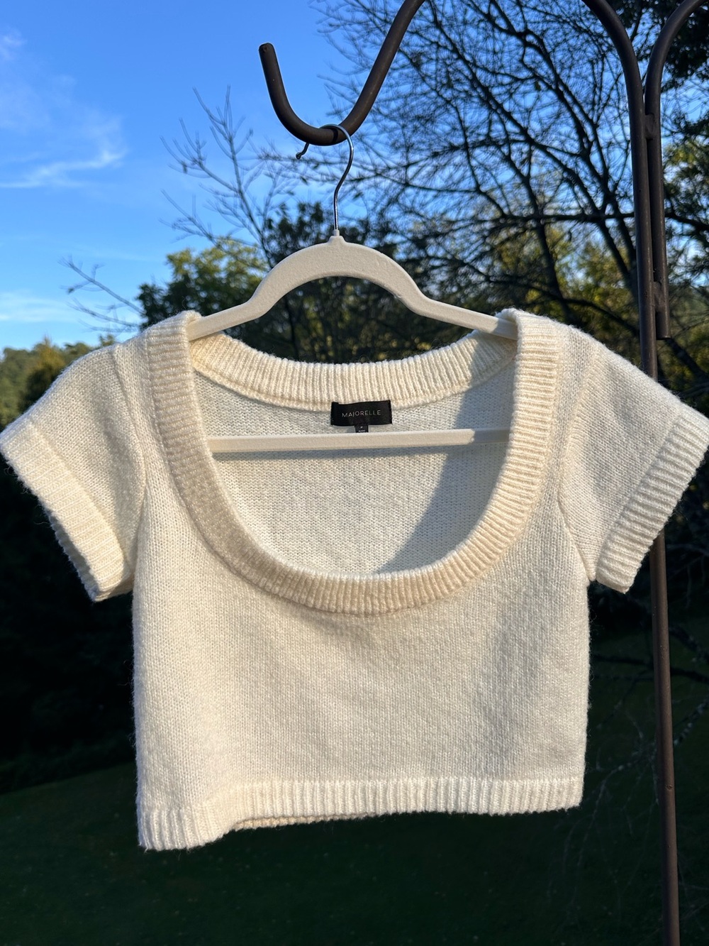 MAJORELLE Revolve Cream Scoop Neck Cropped Knit Short Sleeve Wool Sweater